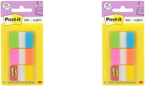 Post-it Tabs, 1 in Solid, Aqua, Yellow, Pink, Red, Green, Orange, 6/Color, 36/Dispenser (686-ALOPRYT) (Pack of 2)