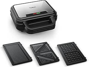 Tefal Ultracompact 3-in-1 Sandwich-Waffel-Panini Kombigerät, Antihaftbeschichtung, wärmeisolierter Griff, Edelstahl/Schwarz, SW383D10