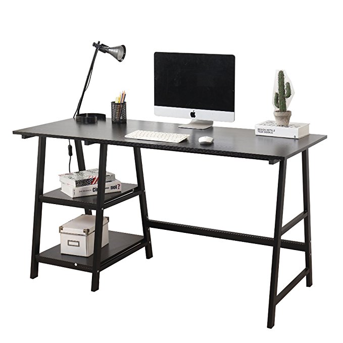 Soges 55” Computer Desk Trestle Desk Writing Home Office Desk Hutch Workstation with Shelf, Black CS-Tplus-140BK-N