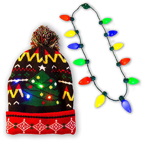 Holiday LED Light-up Bulb Necklace (12 Bulbs) with LED Light-up Knitted Ugly Sweater Holiday Beanie