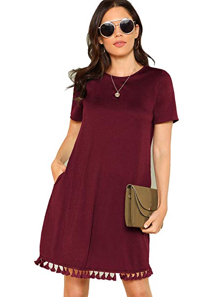 Romwe Women's Summer Short Sleeve Pocket Tassel Hem Loose Tunic T-Shirt Dress