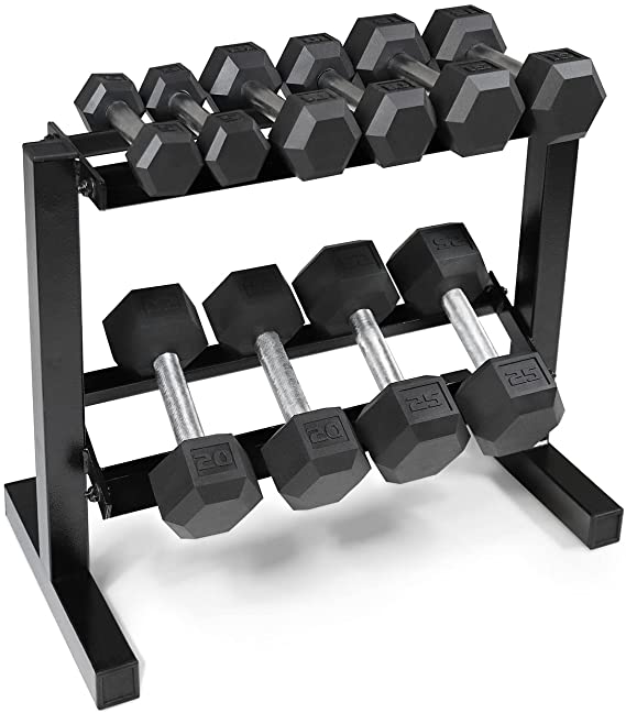 WF Athletic Supply 5-25Lb Rubber Coated Hex Dumbbell Set with Two Tier Storage Rack Non-Slip Hex Shape for Muscle Toning, Strength Building & Weight Loss - Multiple Choices Available