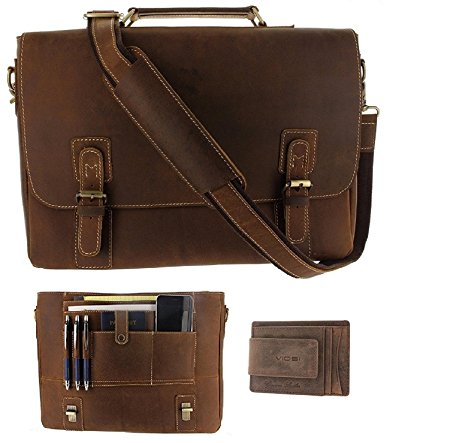 Viosi Mens RFID Leather Messenger Bag / 14 or 16 Inch Laptop Briefcase Shoulder Satchel Bag / RFID Money Clip Included (14" Hunter Messenger Bag w/ RFID Hunter Money Clip)