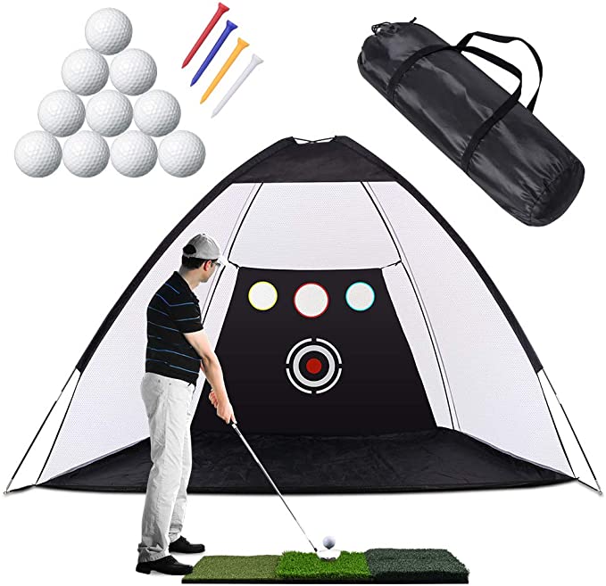 Golf Practice Net, 10 x 7ft Golf Hitting Net with Chipping Target Pockets,Golf Training Aids Practice Net Set - 3 in 1 Foldable Golf Mat -10 Golf Balls - 4 Golf Tees, Indoor and Outdoor Golf Training