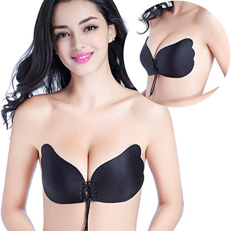 Blisstime Strapless Bras Self Adhesive Silicone Invisible Push-up Bras with Drawstring, Reusable Backless Bras for Women