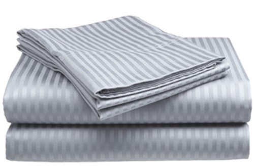 London Home Queen Size 300 Thread Count 100% Cotton Sateen Dobby Stripe Sheet Set -Silver