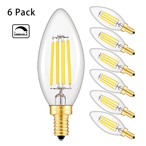 OMAYKEY LED Candelabra Bulbs 4W Dimmable, 45W Equivalent 450 Lumens 5000K Daylight White, E12 Candle Base C35 Clear Chandelier Bulb, 360 Degree Beam Angle, Pack of 6