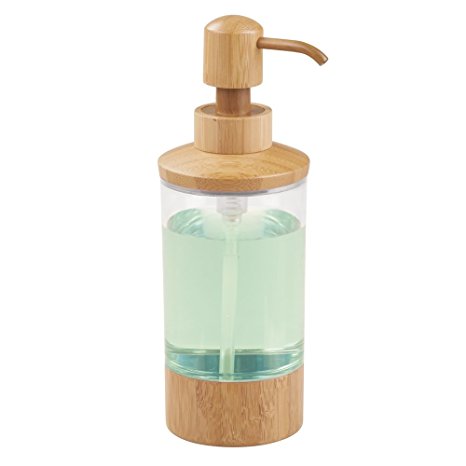 mDesign Liquid Hand Soap Dispenser Pump Bottle for Kitchen, Bathroom | Also Can be Used for Hand Lotion & Essential Oils - Clear/Natural Bamboo