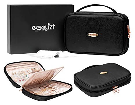EKSQUIZT Creations Travel Jewelry Organizer Case for Rings Bracelets Earrings Tangle-Free Necklaces - Small Travel Jewelry Case Organizer with Jewelry Cleaner (in Gift Box) - Black Color
