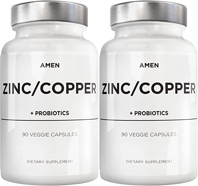 Amen Zinc & Copper Supplement   Probiotics, 3 Months Supply, One Per Day - 50 mg Zinc Picolinate Vitamin Pills - Essential Minerals Supplements – 2 Billion CFUs Probiotic – Vegan, Non-GMO - Pack of 2