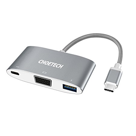 USB C VGA Multiport Adapter (Braided Cable), CHOETECH USB 3.1 Hub Type C to VGA 1080p Adapter with Power Delivery and USB 3.0 Type A Port for MacBook 2015/2016, Chromebook Pixel and More