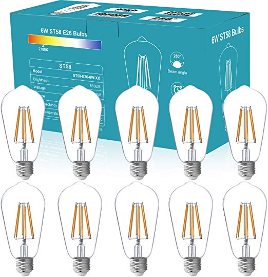 10Pack ST58 Vintage LED Edison Bulbs, 810lm 6W Equivalent 100W, High Brightness, Warm White 2700K, ST58 Antique LED Filament Bulbs, E26 Medium Base, Non Dimmable, Clear Glass, Pack of 10
