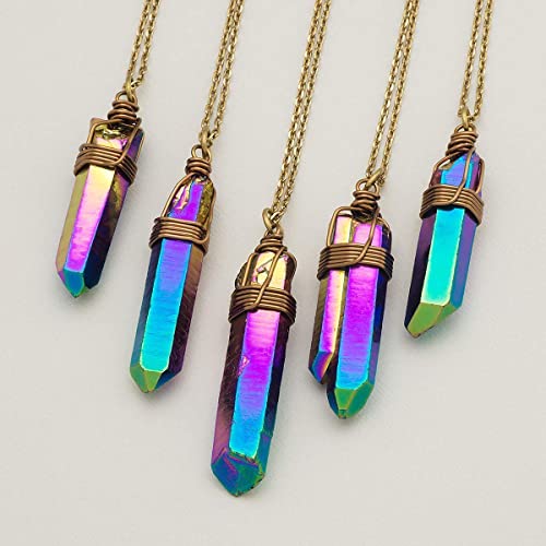 Rainbow Titanium Crystal Quartz Point Antique Bronze Necklace 22 Inches