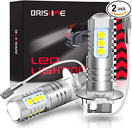 BRISHINE H3 LED Fog Light Bulbs 6000K Xenon White, Extremely Bright 3030 Chips H3 LED Bulbs with Projector for Car Fog Lights, Daytime Running Lights DRL(Pack of 2)