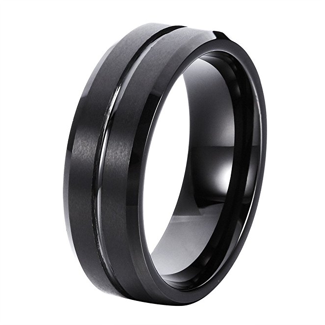L-Ring 8MM Men's Tungsten Carbide Wedding Ring Brushed Matte Grooved Center and Polished Edges, Size 7-14