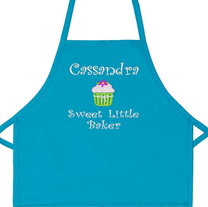 Personalized Girls Sweet Little Baker Child Apron with Cupcake Add a Name Embroidered (Long. 24"L x 16"W for ages 7 to 11, Turquoise)