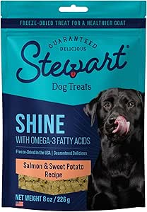 Stewart Freeze Dried Dog Treats, Shine Salmon & Sweet Potato, Made with Omega 3 & Salmon Oil, Grain Free, 8 Ounce Resealable Pouch, Made in USA