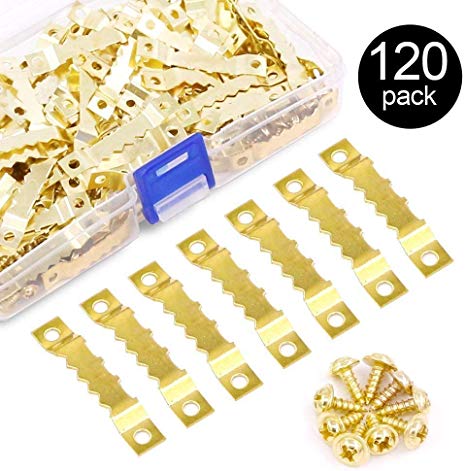 Rustark 120Pcs Golden Stainless Steel Sawtooth Picture Hangers Frame Hanging Hangers Double Hole with Screws for Picture Painting Frame Cross-stitch
