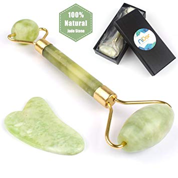 Jade Roller, Niidor 100% Natural Jade Facial Rolling Stone and Gua Sha Scraping Tool Set Face Eye Neck Massager Anti Aging Therapy for Women Aging Skin Wrinkles Puffiness