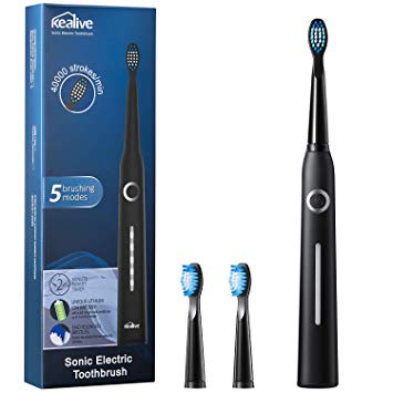 Electric Toothbrush, Kealive USB Rechargeable Sonic Electric Toothbrush with 3 Replacement Heads for Adults, (5 Modes with Automatic Timer, Fast Charging), Black