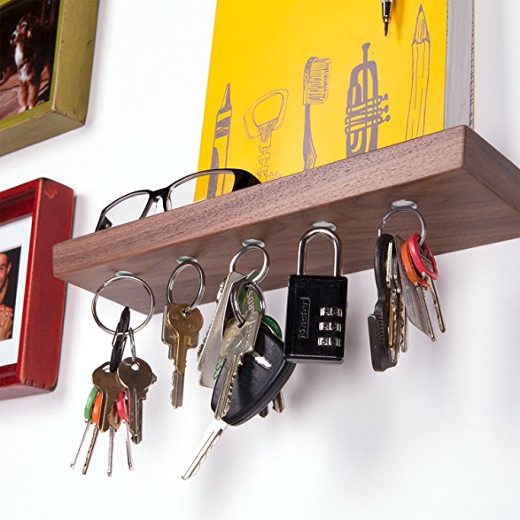 Rackless - Floating, Wall Mounted Shelf and Magnetic Key Rack, In 12” Solid Walnut Wood
