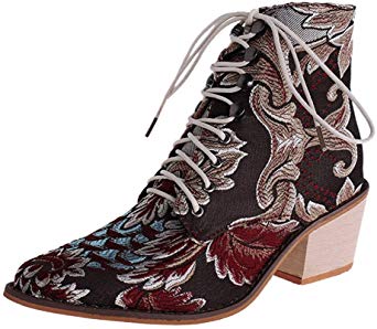 Women's Floral Print Ankle Boots, Morecome Lace Up Side Zipper Buckle Bootie Point Toe Chucky Heel Boots