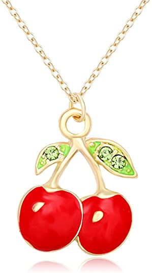 MANZHEN Summer Chic Necklace Gold Tone Enamel Red Crystal Cherry Pendant Necklace/Fruit Earring