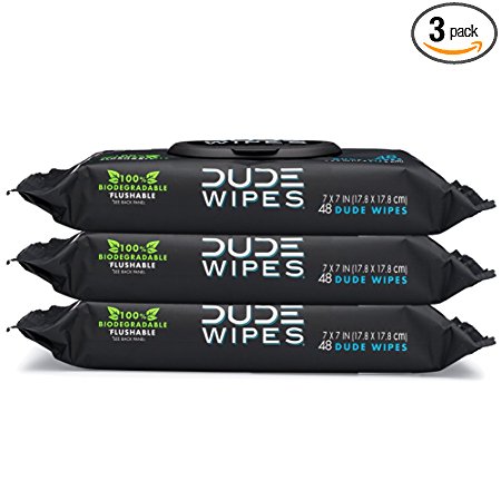 DUDE Wipes Flushable, Unscented with Vitamin-E & Aloe, 100% Biodegradable, Dispenser Pack (3 Packs, 48ct Per Pack)