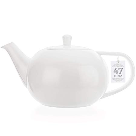 Tealyra - Large White Porcelain Teapot - 47.3-ounce (6-8 cups) - English Modern Style - Teapot with Bee Style Spout Filter To Brew Loose Leaf Tea - Ceramic Brewer Pot - 1400ml