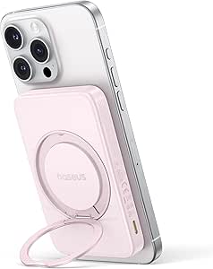 Baseus Qi2 MagSafe Power Bank, Ultra-Slim PicoGo 15W Ultra-Fast Wireless Portable Charger with 360° Rotatable Ring Stand, 5000mAh Magnetic Battery Pack for iPhone 16/15/14/13/12 Series (Pink)