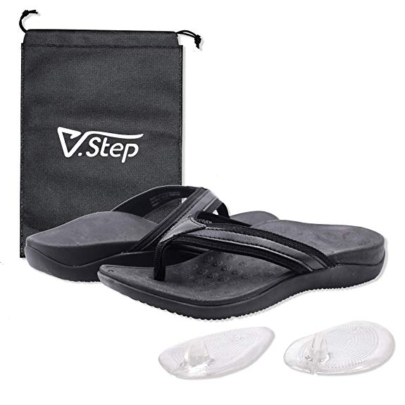 V.Step Orthotic Flip Flops Arch Support Sandals Flat Thong Slippers- Walking Comfort with Orthopedic Support/Black