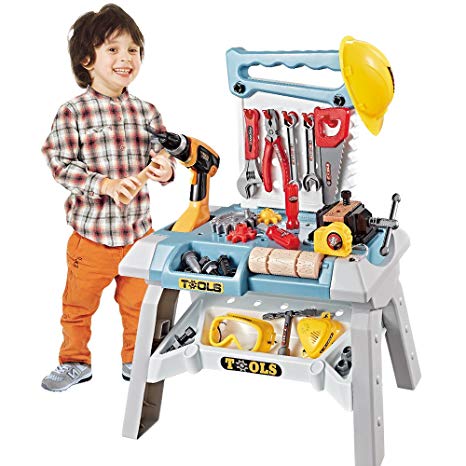 Toy Choi's Large Size kids Power Workbench with Realistic Tools and Helmet, Electric Dril and Halmetl, STEM Kids Building Construction Tools Set