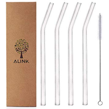 Alink Glass Smoothie Straws, Reusable Clear Bent 9 in X 10 mm Drinking Straws, Set of 4 with Cleaning Brush