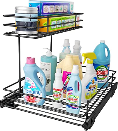 G-TING Pull Out Cabinet Organizer, Under Sink Slide Out Storage Shelf with 2 Tier Sliding Wire Drawer - 12.6W x 16.53D x 12.99H - Request at Least 13 Inch Cabinet Opening(Black)