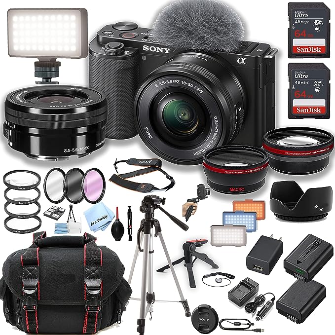 Sony ZV-E10 Mirrorless Camera with 16-50mm Lens   2pcs 64GB Memory   LED Video Light   Case  Tripod   Steady Grip Pod   Filters   Macro   2X Lens   2X Batteries   Accesory Bundle