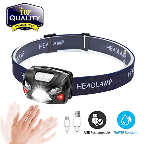 Head Torch,OUTERDO Sensor Headlamp (210LM 6 MODES) Head Lights LED USB Rechargeable with Super Bright White Light & Warn Red Light for Reading, Working, Camping, Walking, Waterproof Gesture sensing