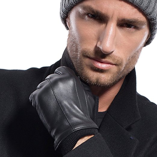 MATSU Men Winter Warm Lambskin TouchScreen Caremere Lined Leather with Cuffs Gloves M2002
