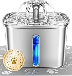 Veken Innovation Award Winner Stainless Steel Cat Water Fountain, 108oz/3.2L Automatic Pet Fountain Dog Water Dispenser with Replacement Filters & Silicone Mat for Cats, Dogs, Multiple Pets (Silver)