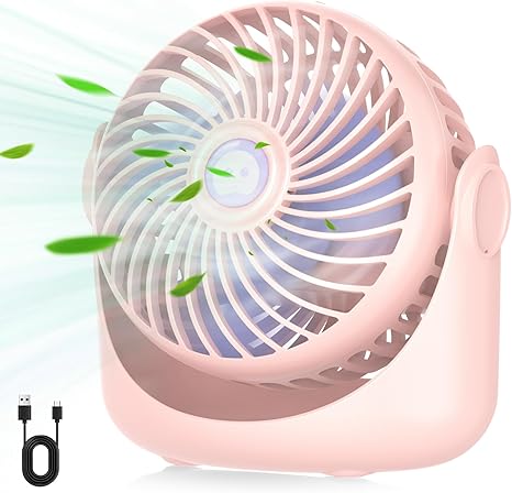 USB Desk Fan, 3 Speeds Strong Wind Small Cooling Fan, 360° Rotatable 5 inch Personal Mini Fan, 1500mAh Battery Operated Quiet Desktop Fan for Home Office Bedroom Dorm Indoor Outdoor (Pink)