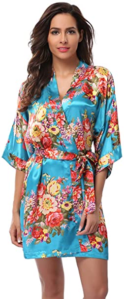 Women's Floral Satin Kimono Robes Short Bridesmaid Robes for Wedding Party