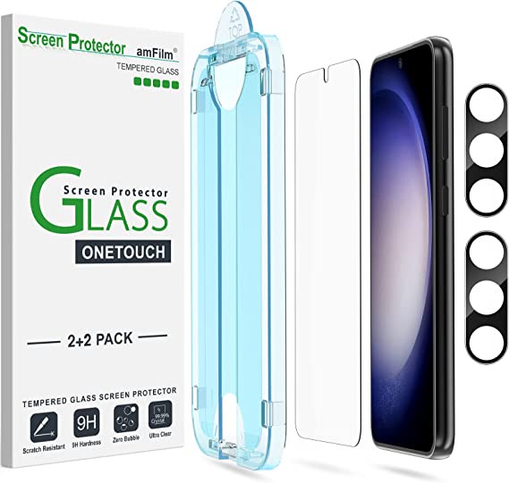(2 2 Pack) amFilm OneTouch Compatible with Samsung Galaxy S23 5G Tempered Glass Screen Protector, 9H Hardness with 2 Pack Tempered Glass Camera Lens Protector, Easiest to Installation and Bubble Free