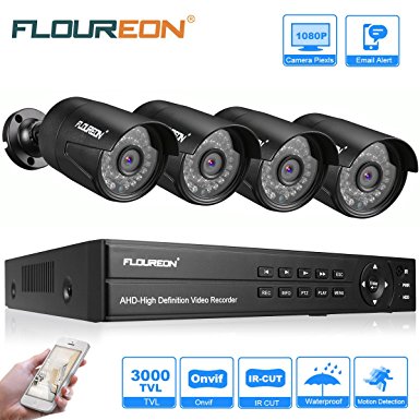 FLOUREON 8CH 1080P Security Surveillance DVR System   4 Pack 1080P HD CCTV Camera Night Vision Remote Access Motion Detection (8CH 1080P AHD 3000TVL NO HDD, Black)