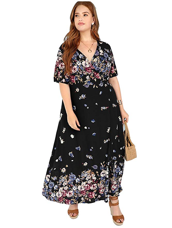 Romwe Women's Plus Size Floral Print Buttons Short Sleeve V Neck Flare Flowy Maxi Dress