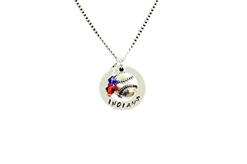Cleveland Indians Hand Stamped Necklace with Silver Baseball Charm and Swarovski Crystal Beads
