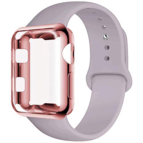 GBPOOT Compatible for Apple Watch Band 38mm 40mm 42mm 44mm, Soft Silicone Replacement Sport Wristband with Apple Watch Screen Protector Case Compatible for Apple Watch Iwatch Series 1/2/3/4