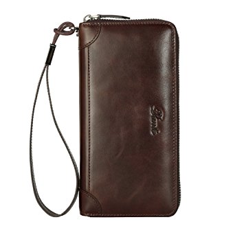 Dante Men's Top Grain Cowhide Leather Wrist Wax Long Wallet with Zipper