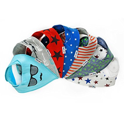 Lovjoy 100% Cotton Lighter Summer Bandana Baby Bibs (7 PACK- BOYS DESIGNS) 3 Layers Jersey Cotton. Cool Comfortable Super Absorbent & Soft. With Adjustable Snaps, Fits 0-3 years.