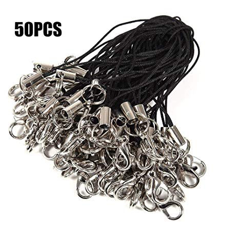 CaseBuy 2.8" 50pcs Black Strap Charm Cords Lariat Clip Lobster Clasp using as Trinkets, Charms, Crystal, Keyring, Badge holder & other decoration or other handmade jewellery making accessories