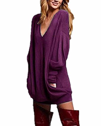 ZANZEA Women's V-neck Long Sleeve Loose Blouse Jumper Tops Mini Dress Pullover