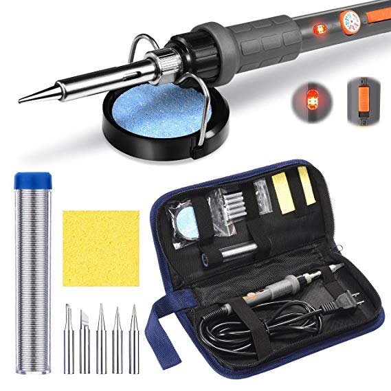 PICTEK Soldering Iron Kit,【ON/Off Switch & LED Indicator Design】220~480℃ Temperature Adjustable Electric Welding Tool with 5pcs Soldering Tips, Tip Cleaner Soldering Station and Solder Wire, 60W 110V